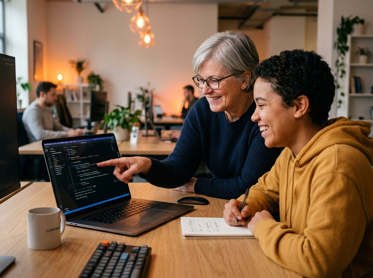 Senior software engineer mentoring an intern at a modern desk